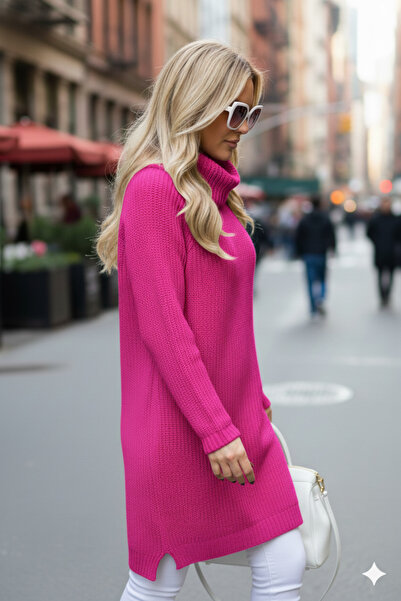 Millionaire Women's Fuchsia Pink Degaje High Neck Thick Knit Italian Sleeve Y Slit Long Tunic Dress Knitwear Sweater