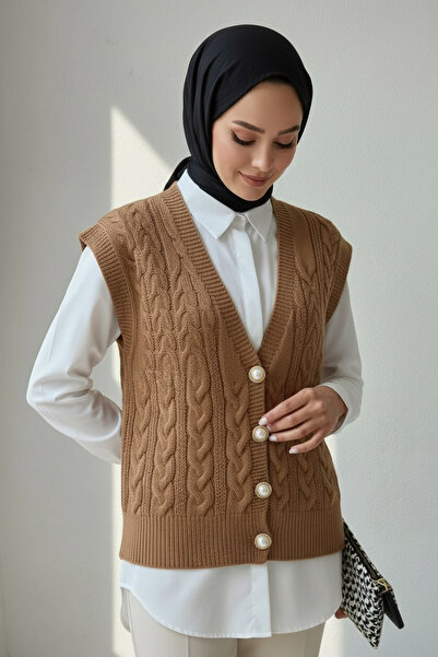 NEWCO Knitted Detailed Pearl Buttoned V-Neck Trendy Knitwear Vest Women's Sweater