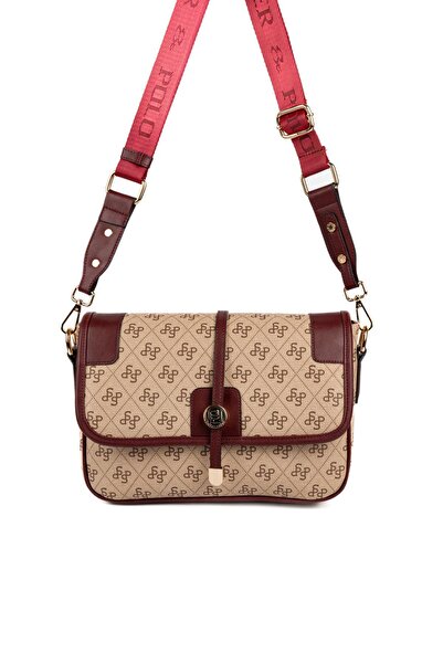 Silver Polo Sp1182 Women's Crossbody Bag Monogram Dark Beige-Burgundy