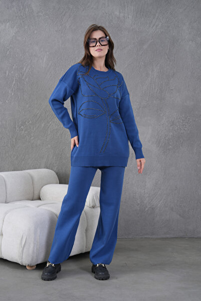 Miss Allos Women's Front Beaded Wide-Fit Knitwear Sweater and Pants Bottom-Top Set