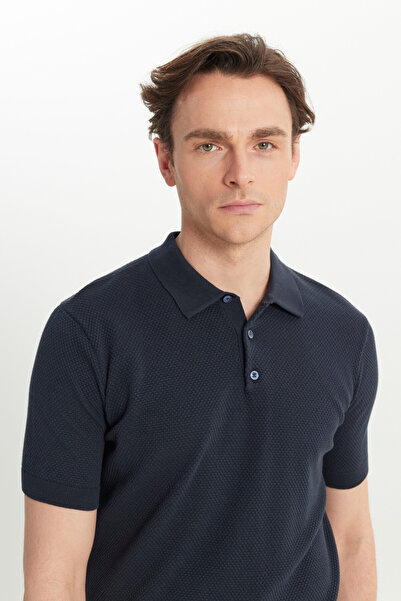 ALTINYILDIZ CLASSICS Men's Navy Blue 100% Cotton Standard Fit Regular Cut Polo Neck Jacquard Knit T-Shirt
