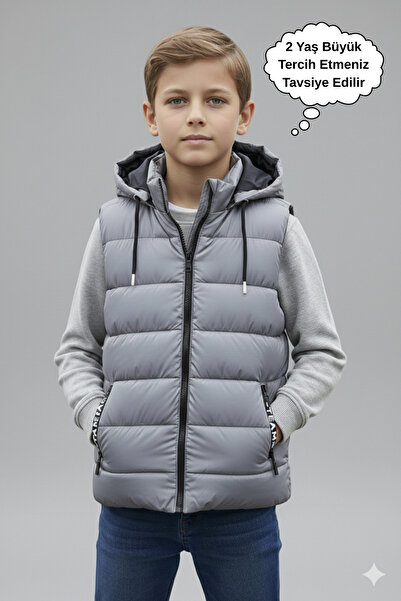 ASYAKİDS CLUB Boy's Hooded Printed Lined Seasonal Puffer Vest with Pockets