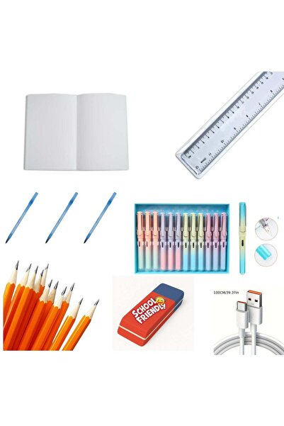 OEM School Set: 10 A5 Notebooks Vellum, 2 Pens, 11 Pencils, 30cm Ruler, 3 Ballpoint Pens, Eraser