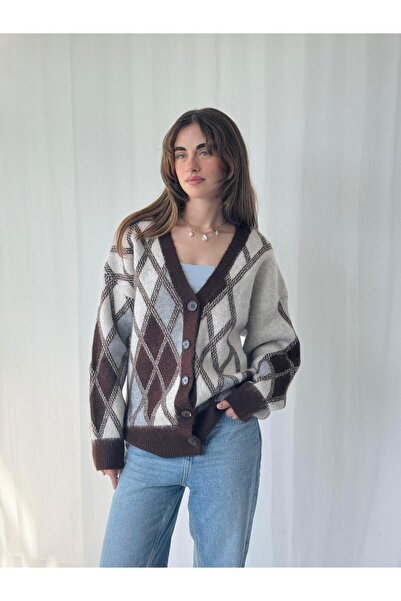 Retrobird Baklava Pattern Fleece-Lined Cardigan Women's Brown-Beige