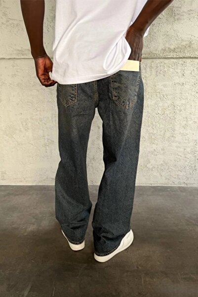 MADZEYMODA Men's Relax Baggy Stitching Detail Washed Blue Denim Jean Trousers Ke-988