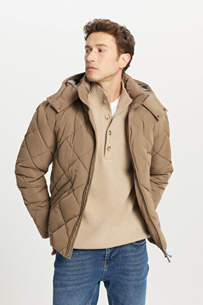 ALTINYILDIZ CLASSICS Men's Mink Standard Fit Regular Cut Hooded Collar Casual Coat with Side Pockets