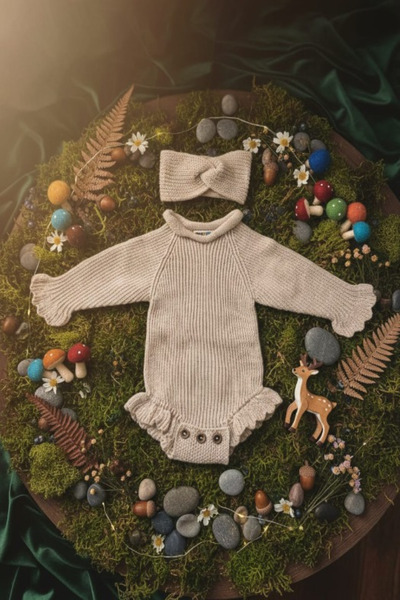 meriç bebe - bütün çocuklar melektir. mrc Stitch-Free Thessaloniki Knitted Sausage Collar Ruffled Baby Girl Knitwear Bodysuit Sweater & Headband Two-Piece Set