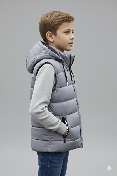 ASYAKİDS CLUB Boy's Hooded Printed Lined Seasonal Puffer Vest with Pockets