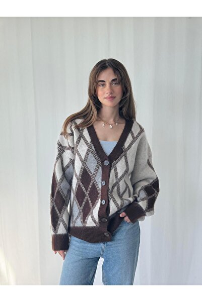 Retrobird Baklava Pattern Fleece-Lined Cardigan Women's Brown-Beige