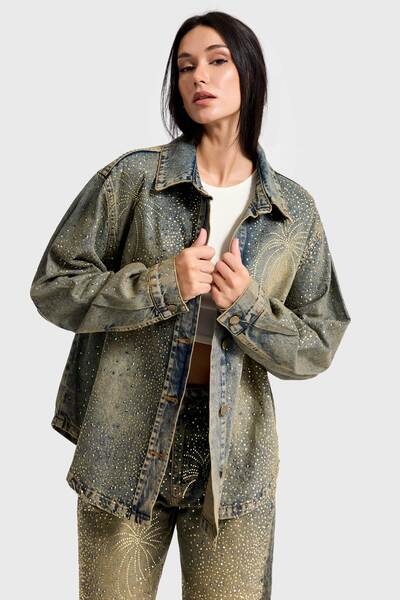 its basic Women's T.Kot Color T-4W5-11 Oversized Shiny Stone Special Design Denim Jacket Shirt