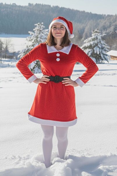 Parti Kırtasiye Kadın Noel Elbisesi Kırmızı Santa Kostümü Kışlık Yeni Yıl Par...