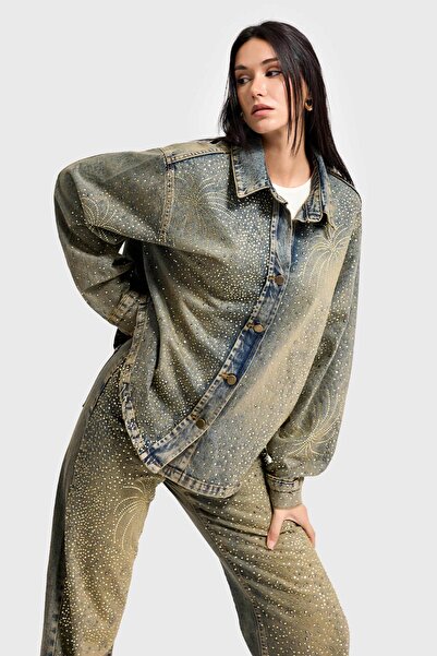 its basic Women's T.Kot Color T-4W5-11 Oversized Shiny Stone Special Design Denim Jacket Shirt