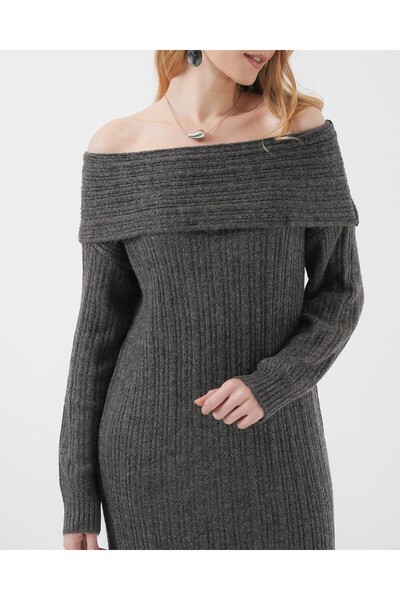 Modamorfo 15920 Madonna Collar Oversize Knitwear Dress - Anthracite