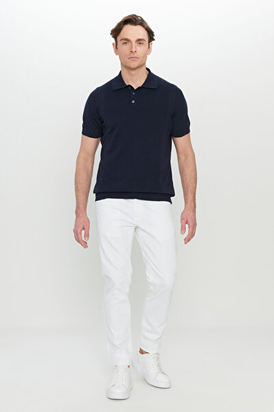 ALTINYILDIZ CLASSICS Men's Navy Blue 100% Cotton Standard Fit Regular Cut Polo Neck Jacquard Knit T-Shirt