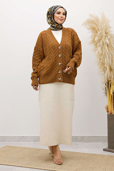 Tesettür Dünyası Buttoned Pocketed Knitwear Cardigan Tsd250225 Tan