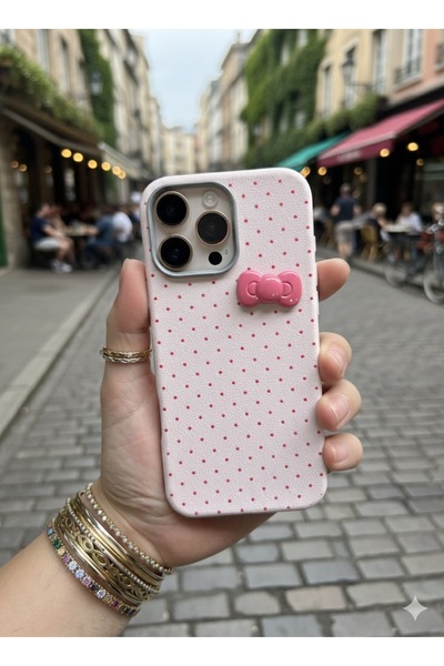 MustCase حافظة هاتف iPhone 15 Pro Max باللون الوردي مع تفاصيل فيونكة منقطة مظ...