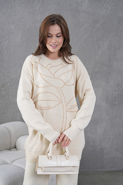 Miss Allos Women's Front Beaded Wide-Fit Knitwear Sweater and Pants Bottom-Top Set