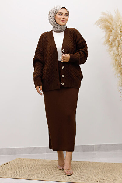 Tesettür Dünyası Buttoned Pocketed Knitwear Cardigan Tsd250225 Bitter Brown