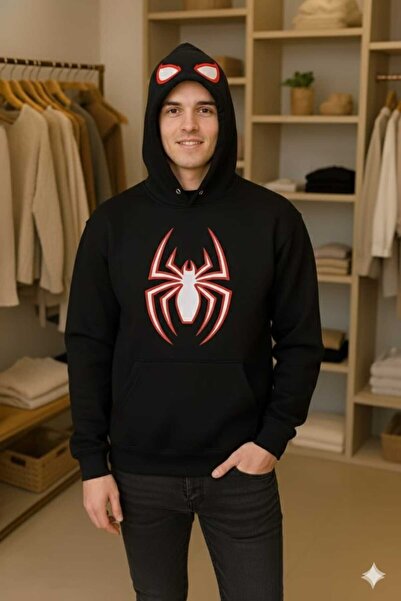 LiyAdaCo Men's Spider Printed Black Hooded Sweatshirt -Hoodie