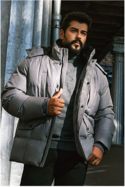 ALTINYILDIZ CLASSICS Standard Fit Regular Cut Coming Out Hooded Quilted Patterned Gray Coat