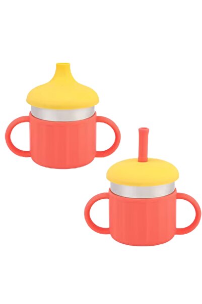 NO BRAND 3 in 1 Children's Cup - Stainless Steel & Silicone, Sippy Cup with 2 Lids (Straw and Spout), 220 ml