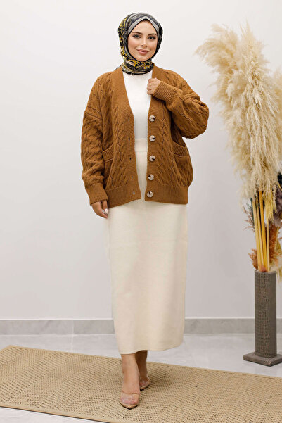 Tesettür Dünyası Buttoned Pocketed Knitwear Cardigan Tsd250225 Tan