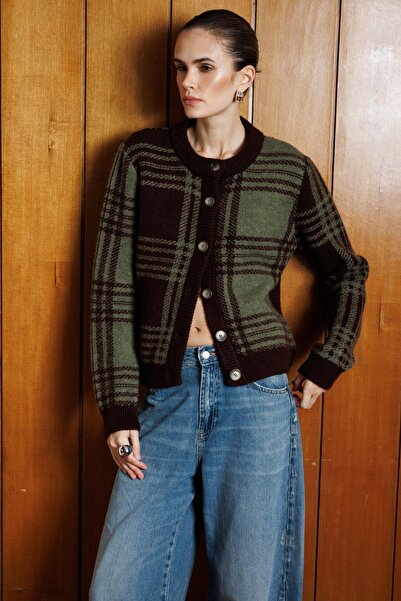 Mixray 7000 Women's Checkered Knitwear Cardigan Brown