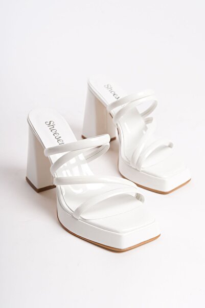 Redoxy Women's Special Design Platform Heeled White Patent Leather Slippers Wedding Dress Shoes, Wedding Shoes