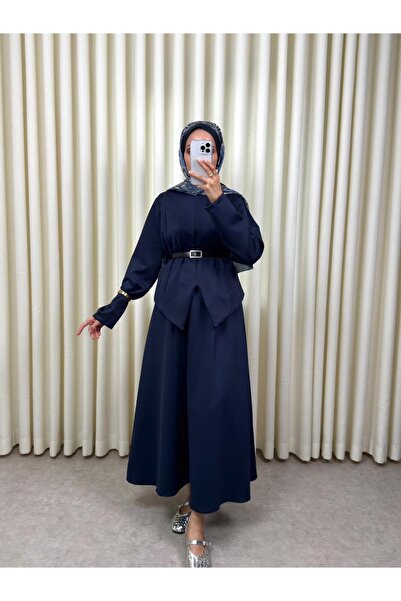 VOICTEC Women's Puff Scuba Belt Detailed Skirt Blouse Set