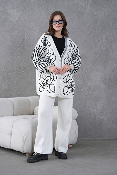 Miss Allos Women's Front Beaded Wide Fit Tr,Ko Cardigan V E Pants Bottom Top Set