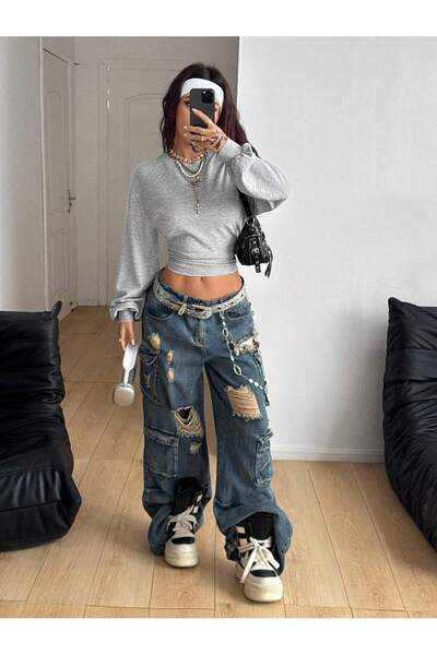 Tarz Cool Women's Gray Crew Neck Sweatshirt with Fitted Waist Design