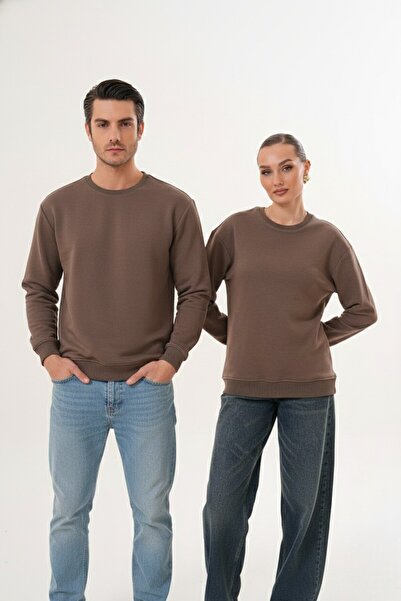 Miss Dünya Lissa Koyu Bej Unisex Bisiklet Yaka %100 Pamuk Basic Sweatshirt