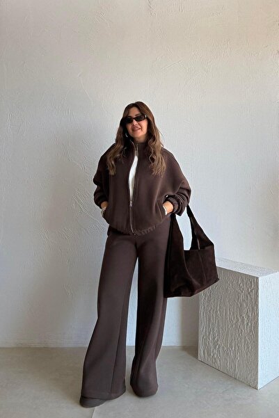 ELVAN TOLON Brown Zippered Fleece-Lined Tracksuit Set