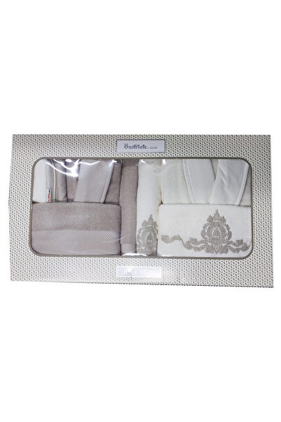 Özdilek Valioso Family Bathrobe Set 10 Pieces Beige Cream - Gold Glitter & Slippers Gift