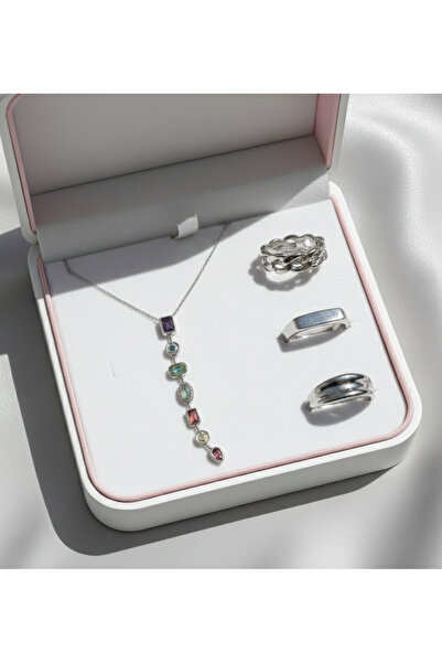 Ervalina Y Kolye Gümüş ve 3'lü Basic Yüzük Seti Özel Gün Sevgililer Öğretmenl...