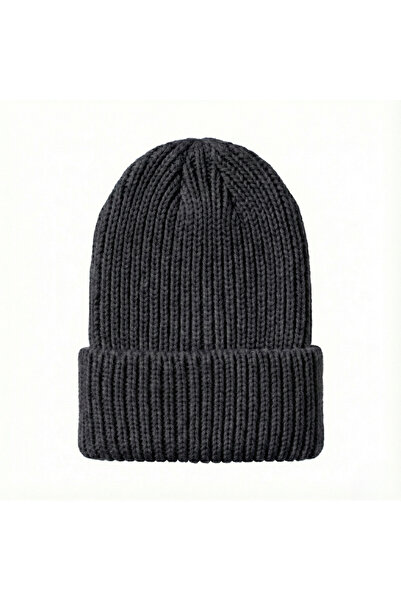 BESKAR Anthracite Gray Hand Knitted Corded Fabric Model Non-Pilling Women's Beanie