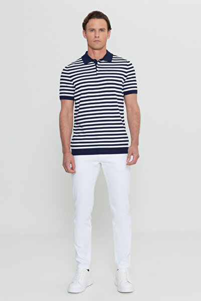 ALTINYILDIZ CLASSICS Men's Navy Blue-Ecru Standard Fit Regular Cut Polo Collar Striped Knitwear T-Shirt