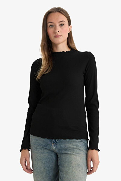 DeFacto B2389Axbk81 Black Half Turtleneck Corded Fabric Ribbed Knit Long Sleeve Tunic