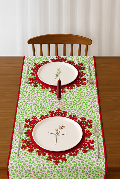 Mnara Yılbaşı Runner Kırmızı Yeşil Çam Ağaç Desen Özel Konsept 150-50cm