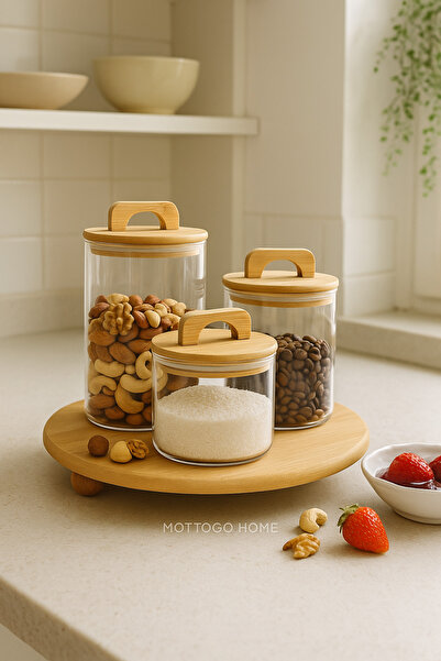 Mottogo 3-Piece Glass Jar with Bamboo Lid – with Bamboo Stand | Air Protected – 370ml + 650ml + 950ml