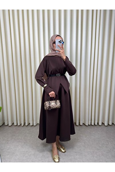 VOICTEC Women's Puff Scuba Belt Detailed Skirt Blouse Set