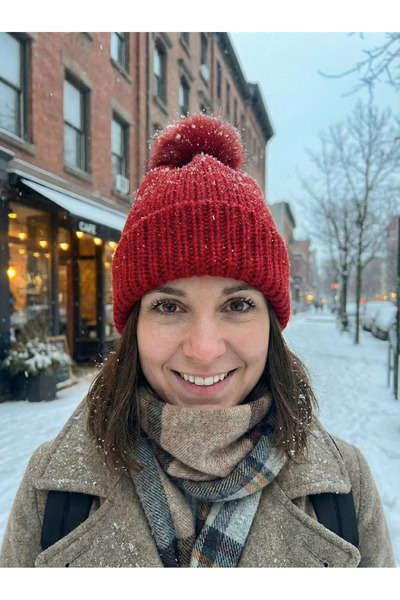 BESKAR Red Hand Knitted Vivid Color Corded Fabric Soft Winter Women's Beanie