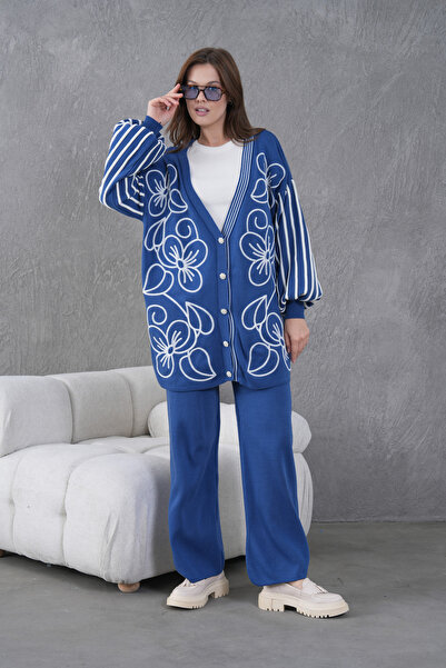 Miss Allos Women's Front Beaded Wide Fit Tr,Ko Cardigan V E Pants Bottom Top Set