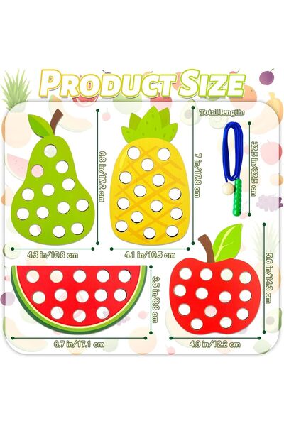 Generic 4-piece wooden fruit lacing toy set for toddlers (pineapple, pear, apple, watermelon)