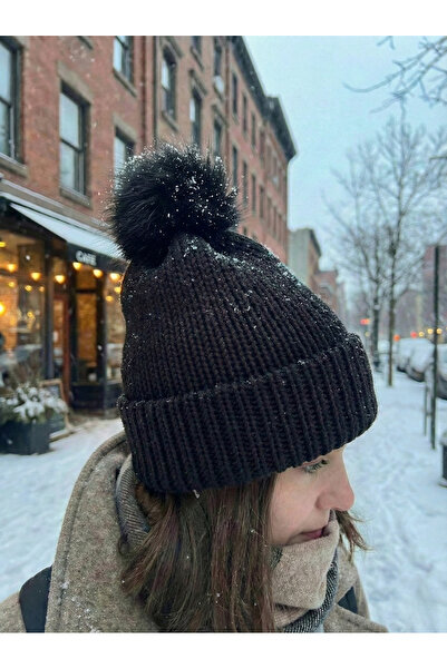 BESKAR Black Hand Knitted Thessaloniki Model Non-Pilling Winter Women's Beanie