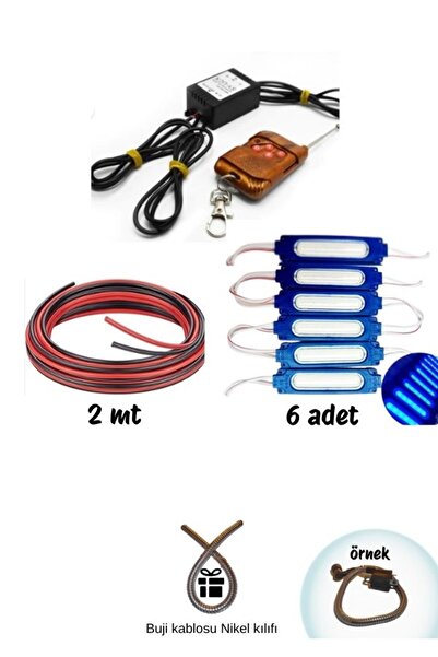 GMS Cg cup Çift Çıkış kumandalı çakar modül+6 adet Mavi Led+2MT Kablo seti (Hdiye buji kablo kılıfı)