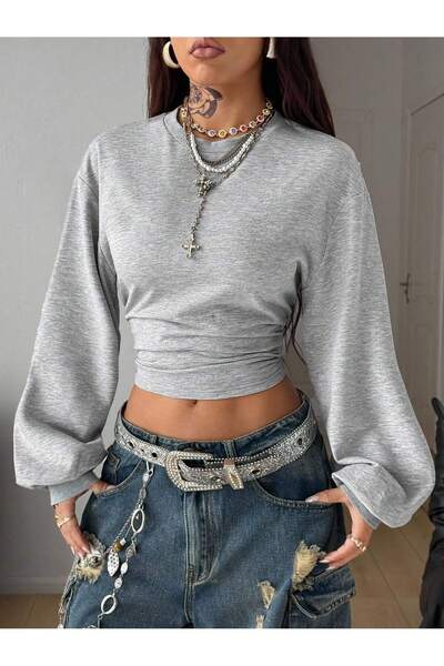 Tarz Cool Women's Gray Crew Neck Sweatshirt with Fitted Waist Design