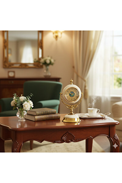 Livava Ferforje Detaylı Nostaljik Metal Masa Saati, Beyaz, 38x22