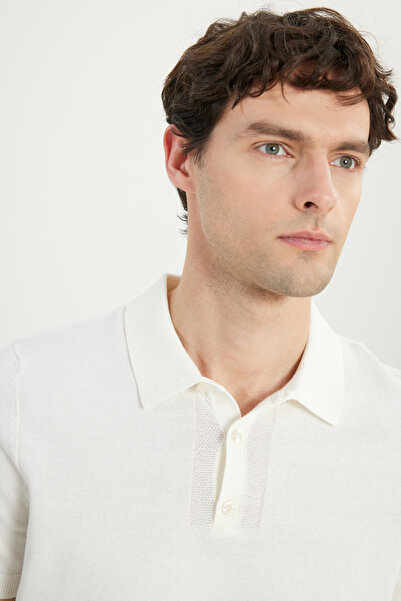 ALTINYILDIZ CLASSICS Men's Ecru 100% Cotton Standard Fit Regular Cut Polo Neck Knitwear T-Shirt