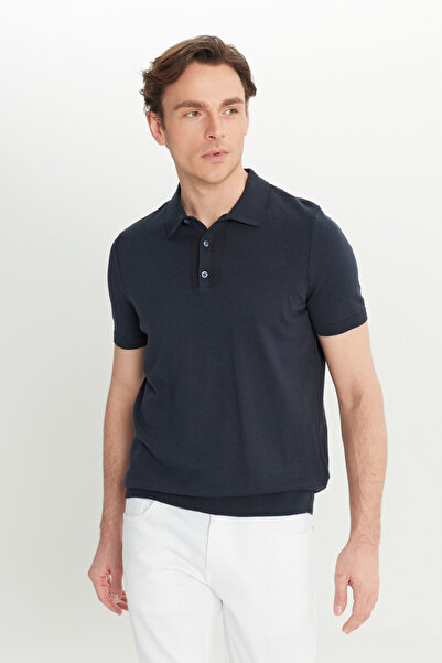 ALTINYILDIZ CLASSICS Men's Navy Blue 100% Cotton Standard Fit Regular Cut Polo Neck Knitwear T-Shirt